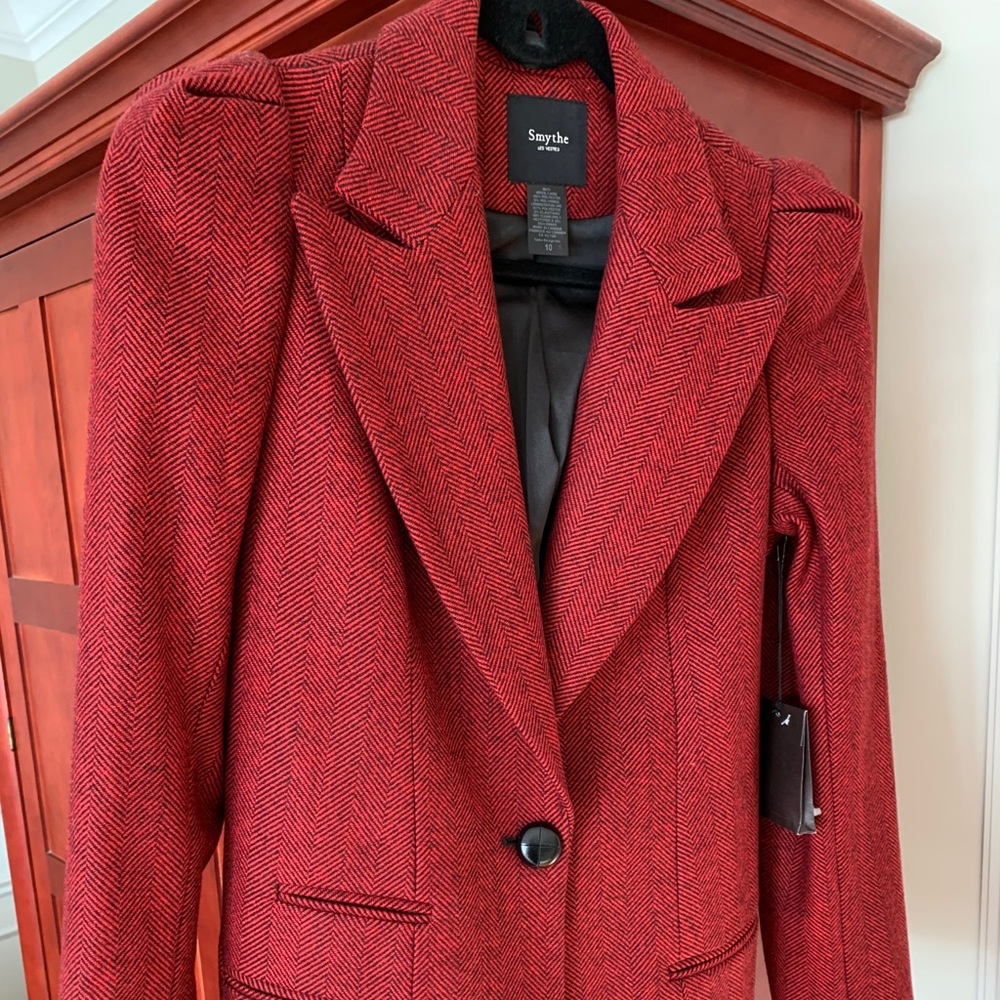 Smythe puff sleeve red and black tweed blazer